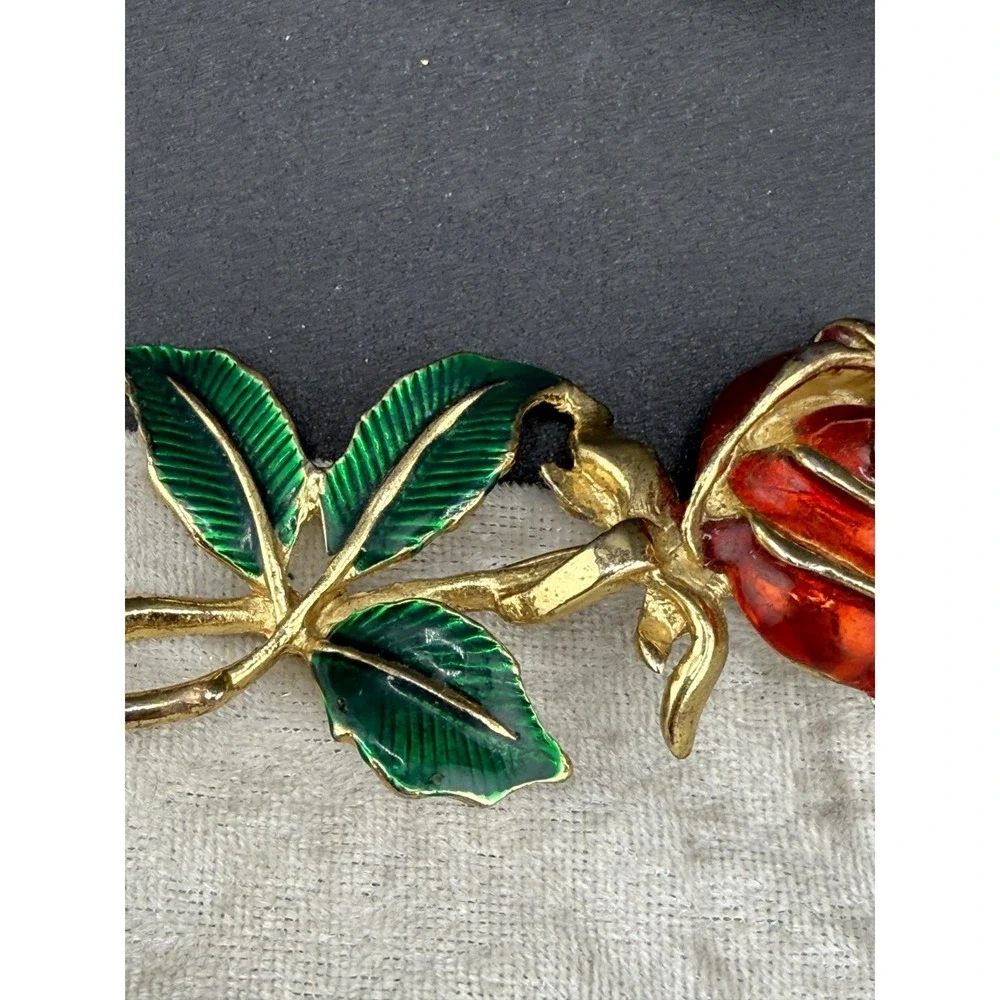 Vintage Rose Brooch Enamel Red Flower‎ Green Leaves Gold Tone Large